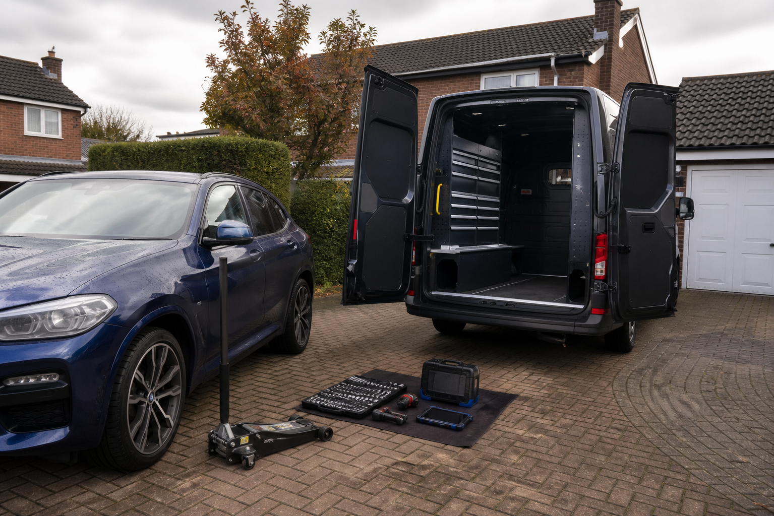 Mobile mechanic van and tools beside car