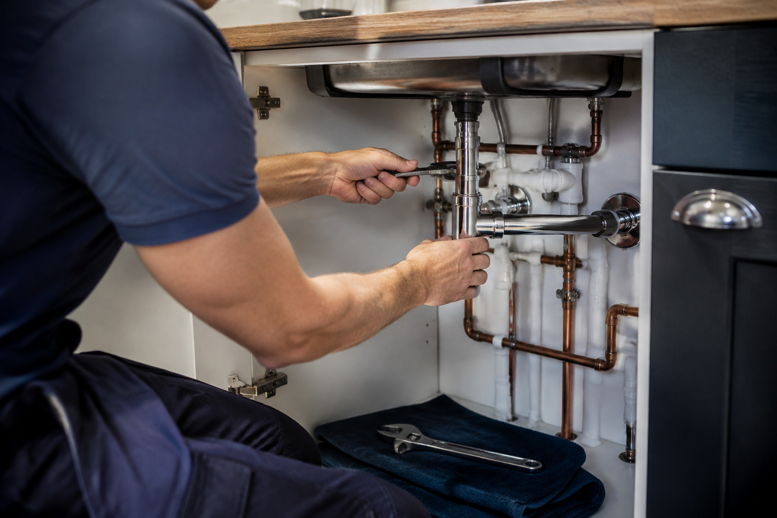 Plumber working neatly under a kitchen sink